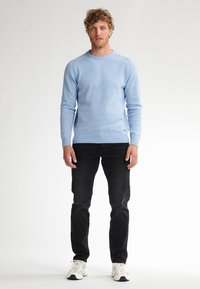Maglione di lana azzurro chiaro con scollatura rotonda, polsini e orlo a coste, indossato con jeans neri e sneakers su uno sfondo neutro.
