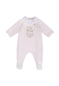 Grenouillère pour bébé rose pâle avec des manches longues, des jambes à pattes, un col fleuri, des boutons-pression sur le côté, et un lapin brodé avec du texte en français sur la poitrine.