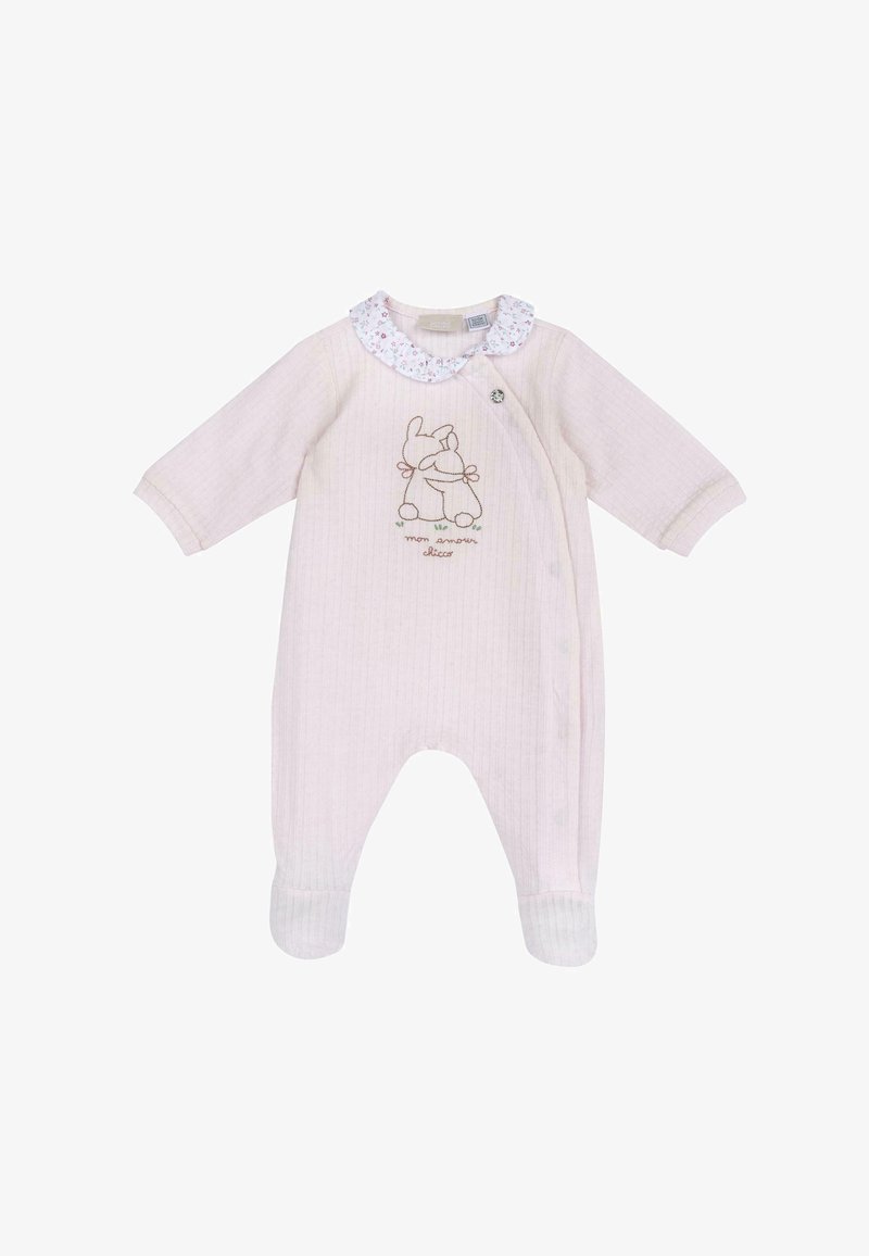 Bledě růžový dětský overal s dlouhými rukávy, zakrytými nohama, květinovým límcem, bočními tlačítky na cvoky a vyšitým králíkem s francouzským textem na hrudi.