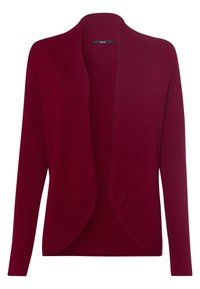 Bordeauxfarbener Cardigan mit offenem Vorderteil, langen Ärmeln, strukturiertem Stoff und lockerer Passform. Nahtloses Design ohne Verschlüsse oder Verzierungen.