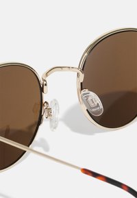 Lunettes de soleil rondes avec des verres teintés marron, une monture en métal doré, des plaquettes de nez transparentes et une branche à motif écaille.
