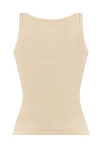 Beige Ärmelloses Oberteil mit passgenauer Passform, runder Ausschnitt und Schulterträgern, aus glattem, elastischem Stoff. Keine sichtbaren Muster oder Akzente.