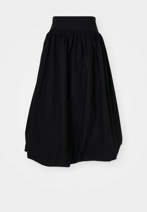 Schwarzer, knielanger Rock aus leichtem Stoff; verfügt über einen breiten, elastischen Bund und geraffte Textur im gesamten Rock.
