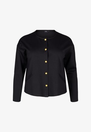 Black cardigan made of soft fabric, featuring a round neckline, gold buttons, and two side pockets. Simple, unembellished design.