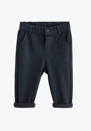 Mørkeblå bukser med sildebensmønster, forsætslommer, opbrettede ben og lukning med knap. Lavet af et tekstureret stof.