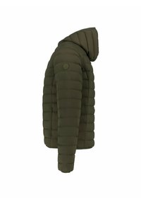 Veste doudoune vert olive avec capuche, présentant un design matelassé, une silhouette ajustée et un logo circulaire sur l'épaule gauche.