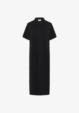 Sort kortærmet polokjole med krave og fireknaps plade, vist på en hvid baggrund.