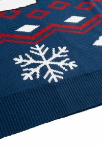 Maglione blu a maglia con motivi di fiocchi di neve bianchi e geometrici in rosso e bianco all'orlo. Tessuto morbido con polsini a coste.