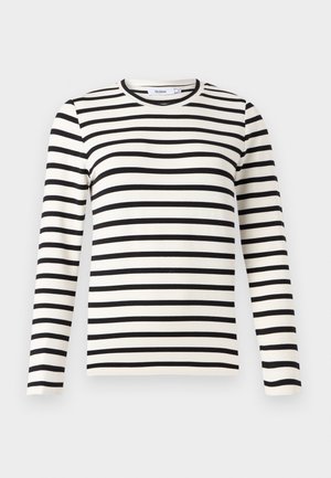Long-sleeve t-shirt made of soft fabric, featuring horizontal black and white stripes, round neckline, and a fitted silhouette.