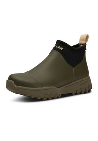 Botte de cheville étanche vert olive avec haut en néoprène noir, semelle en caoutchouc texturée et languette à l'arrière pour un enfilage facile.