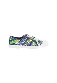 Sneaker floreali con una stampa tropicale blu e verde, suola in gomma bianca e lacci bianchi. Progettati con punta tonda e tomaia in tessuto.