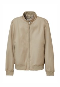 Beige Bomberjacke aus leichtem, glattem Stoff. Verfügt über einen Stehkragen, einen Reißverschluss und gerippte Bündchen sowie einen Saum.