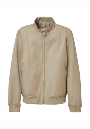 Giacca bomber beige realizzata in tessuto liscio e leggero. Caratterizzata da un colletto alto, chiusura con zip e polsini e orlo a costine.
