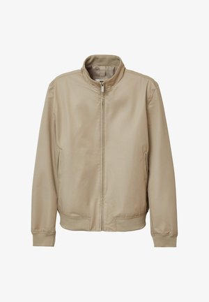 Giacca bomber beige realizzata in tessuto liscio e leggero. Caratterizzata da un colletto alto, chiusura con zip e polsini e orlo a costine.