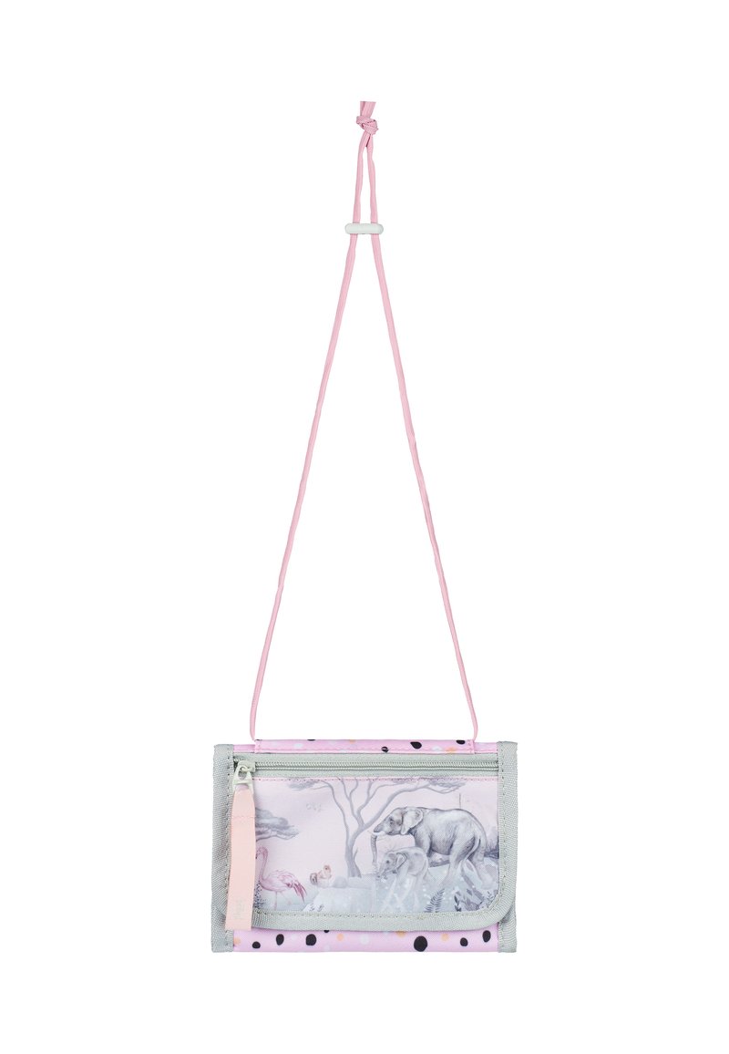 Pink fabric crossbody bag with a zippered pocket, featuring an elephant motif on a light background and polka dot accents. Adjustable strap included.