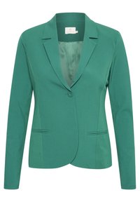 Blazer verde ajustado con una textura suave, solapas de pico, cierre de un solo botón y dos bolsillos delanteros. Adecuado para vestimenta formal.