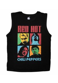 Black sleeveless cotton tank top featuring a multicolored graphic of four faces and the text "RED HOT CHILI PEPPERS" in bold letters.