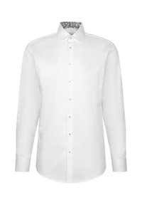 Chemise habillée blanche à manches longues avec patte de boutonnage sur le devant et motif floral à l'intérieur du col, présentée sur un fond blanc uni.