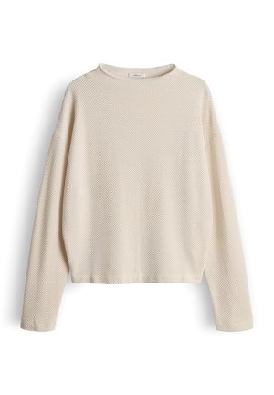 Crèmekleurige trui met lange mouwen, een gestructureerd honingraatpatroon en een ronde hals, met ontspannen, afhangende schouders.