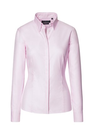 Jasnoróżowa koszula na długi rękaw, zapinana na guziki, o dopasowanym fasonie, z kołnierzykiem typu węzeł i gładką teksturą, z metką przy dekolcie.