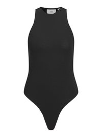Svart ermeløs bodysuit med h�øy hals og thong-bunn. Laget av et glatt, elastisk stoff for en tettsittende silhuett.