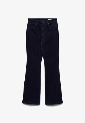 Dunkelblaue Cordhosen mit Schlag, strukturierter Oberfläche, Fronttaschen, Knopfverschluss und weitem Beinschnitt.