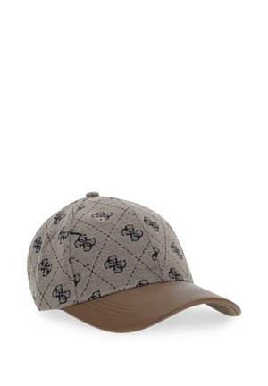 Gorra de béisbol beige estampada, con visera curva marrón, sobre un fondo blanco.