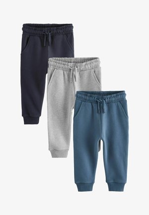 Drie paar joggerpants: donker marineblauw, lichtgrijs en teal. Elk met een elastische tailleband, zijzakken en omslagvoeten.