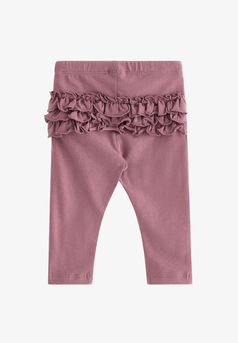 Leggings rosa con texture arricciata in vita. Realizzati in materiale morbido, con un design aderente e taglio alla caviglia.
