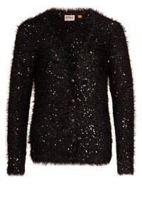 Svart cardigan i fluffigt material, prydd med paljetter, med V-urringning, långa ärmar och fem framknappar för stängning.