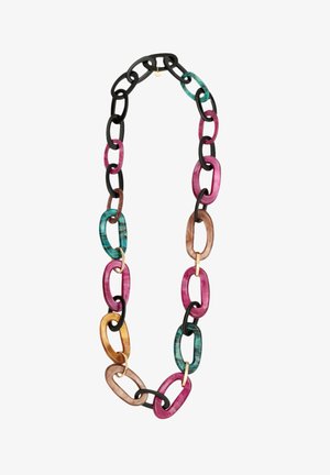 Barevný řetězový náhrdelník z pryskyřice, který obsahuje střídající se oválné články v černé, růžové, tyrkysové a jantarové barvě s lesklým povrchem.
