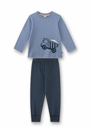 Zweiteiliges Kinder-Pyjama mit langärmeligem blauem Oberteil mit schwarzer Muldenkipper-Grafik und dunkelblauer Hose mit elastischem Bund.