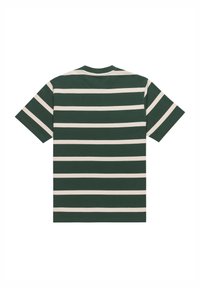 Camiseta de manga corta, con cuello redondo, en verde oscuro con amplias rayas color crema, hecha de algodón suave, con corte recto y dobladillo cosido.