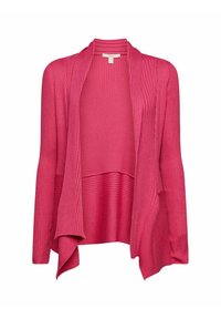 Cardigan en maille côtelée à ouverture avant en rose vif avec manches longues et ourlet asymétrique.