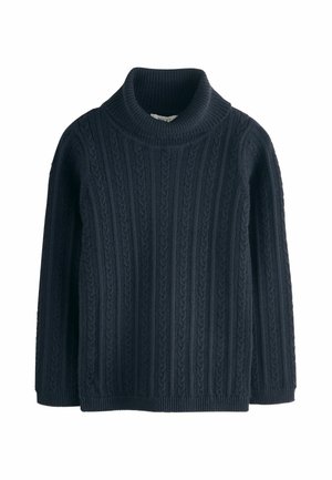 Marineblauer Kabelstrick-Pullover mit langen Ärmeln und einem gerippten Rollkragen.