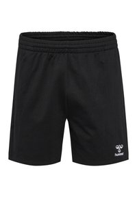 Black athletic shorts made of soft fabric, featuring an elastic waistband and a small white logo on the lower right side.