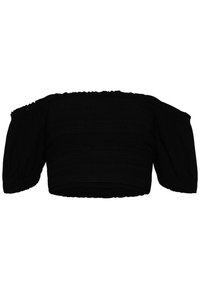 Sort off-the-shoulder crop top med struktureret smocking, samlede puffærmer og en flæse i kanten. Fremstillet af et letvægtsstof.