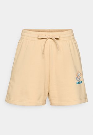 Beige kokvilnas šorti ar elastīgu jostu un auklu. Uz kreisā kājstilba ir Lotto logo zilos un oranžos toņos.