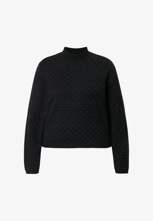 Pull noir à col roulé ajusté, arborant un motif texturé de petits points de tailles variées aux couleurs claires sur la surface.