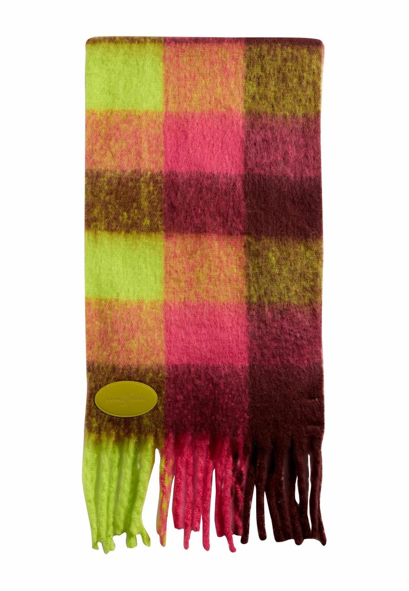 Fular din lână cu un model îndrăzneț în carouri, în nuanțe de verde neon, pink și maro, cu margini franjurate; include o etichetă din piele cu brand.
