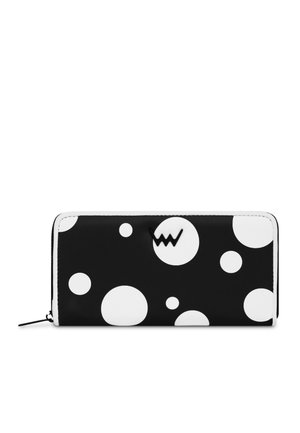 Black wallet with white polka dots, made from smooth material. Features a zipper closure and a small logo on the front.