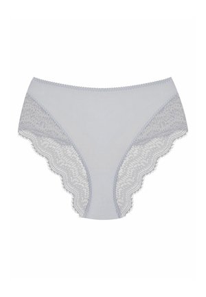 Jasnoniebieskie majtki wysokie z koronkowymi akcentami w kwiatowy wzór wzdłuż brzegów, charakteryzujące się gładką fakturą i falbaniastymi detalami w talii.