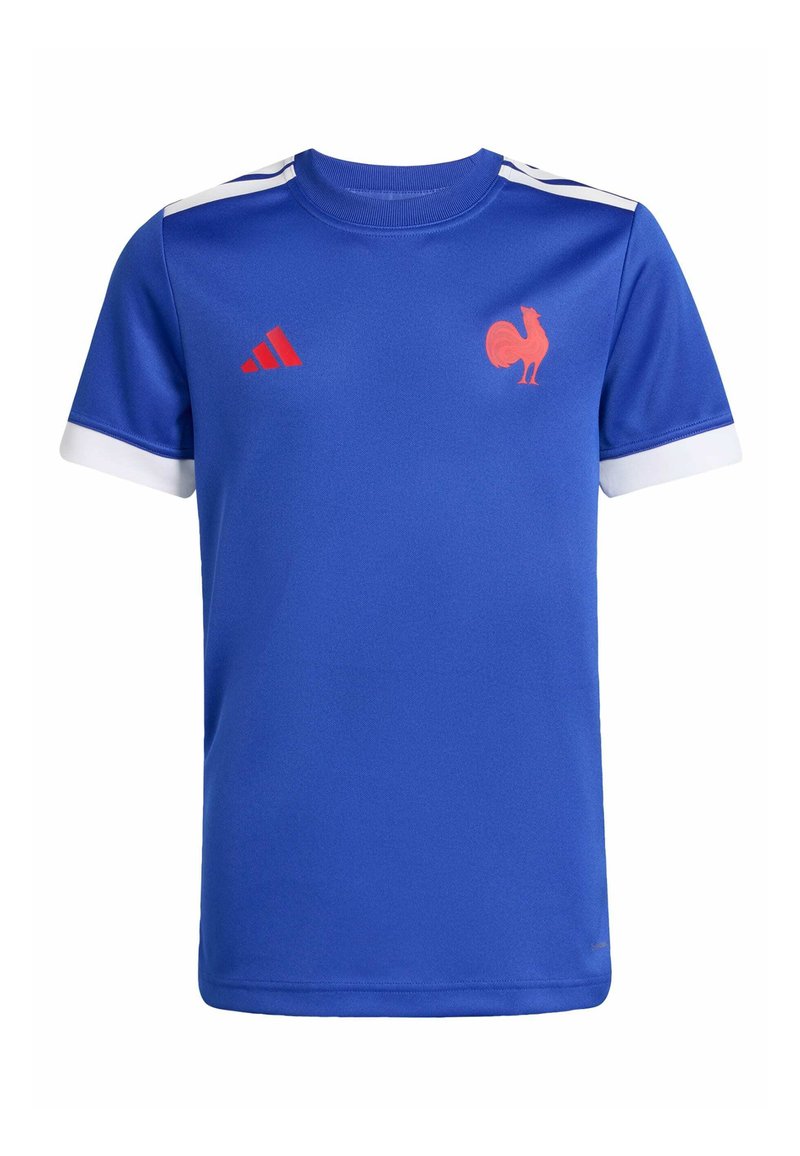 Plavi nogometni dres od sintetske tkanine. Sadrži bijele detalje na rukavima, crvene adidas pruge i crveni simbol pijetla na prsima.
