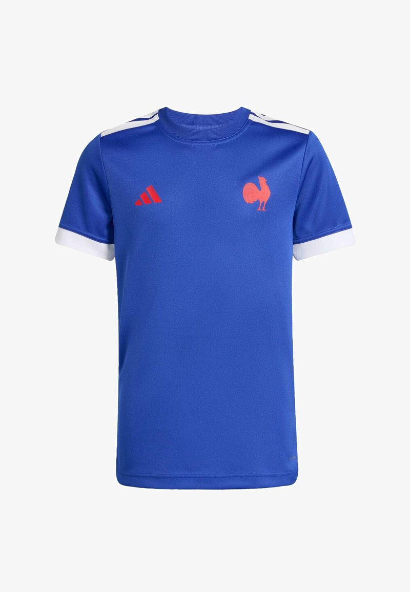 Plavi nogometni dres od sintetske tkanine. Sadrži bijele detalje na rukavima, crvene adidas pruge i crveni simbol pijetla na prsima.