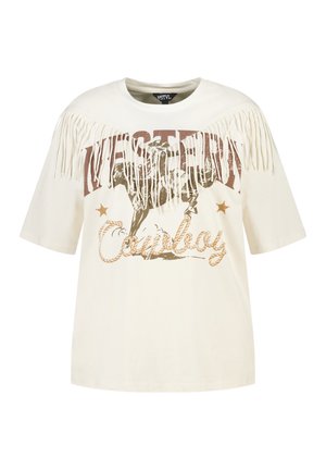 Chemise crème à manches courtes avec franges sur les épaules, présentant un texte usé "Western Cowboy" et un graphisme d'un cowboy chevauchant un cheval.