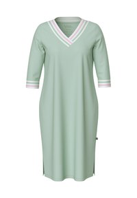 Vestito verde menta con scollo a V e maniche three-quarter, caratterizzato da strisce bianche, rosa e verdi sul colletto e sulle maniche. Include spacchi laterali.