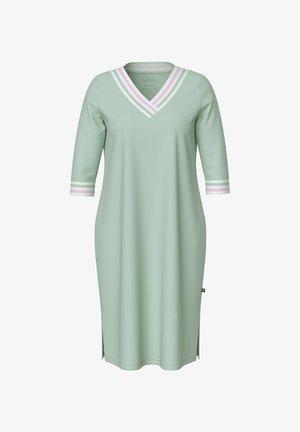 Mint green dress with a V-neck and three-quarter sleeves, featuring white, pink, and green stripes at the neckline and sleeves. Side slits included.