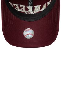 Maroon baseball cap with a black brim; features a white embroidered logo inside and a white baseball-shaped tag on the underside.