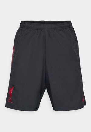 Pantalones cortos deportivos negros con una cintura elástica, que presentan el logo rojo del Liverpool FC y franjas laterales. Tela ligera y suave, corte recto.
