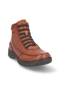 Botín de cuero marrón con cordones con diseño negro y gris, punta redonda, collar acolchado y suela de goma texturizada.